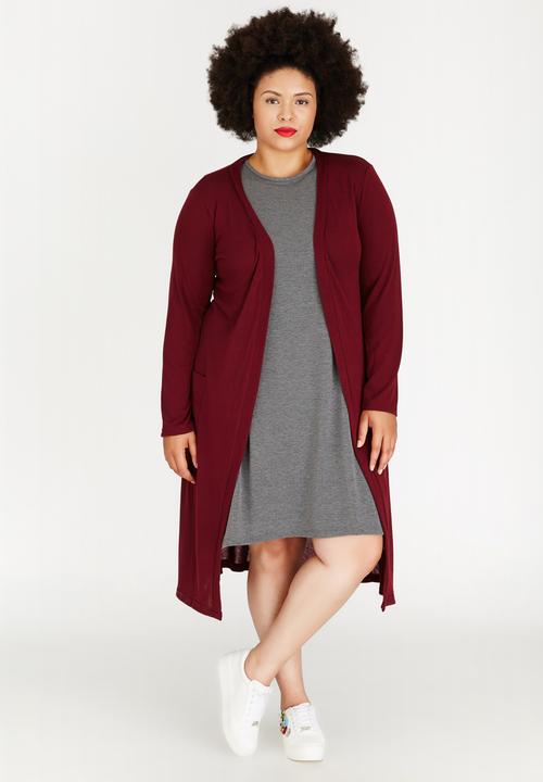 edit Plus - Longer Length Knit Cardigan Dark Red