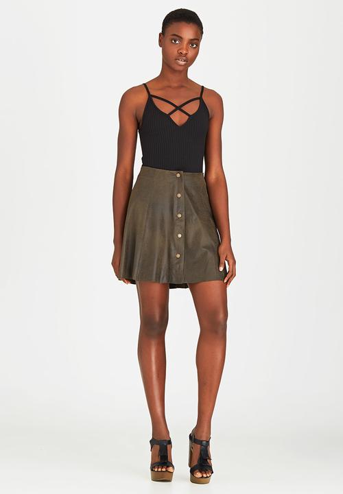 Brave Soul - Antique Suede-like Button Skirt Khaki Green