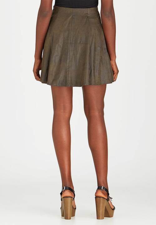 Brave Soul - Antique Suede-like Button Skirt Khaki Green