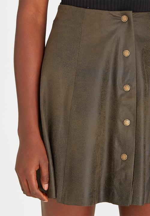 Brave Soul - Antique Suede-like Button Skirt Khaki Green