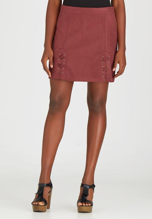 Brave Soul - Side Tie Detail Suede-like Skirt Dark Red