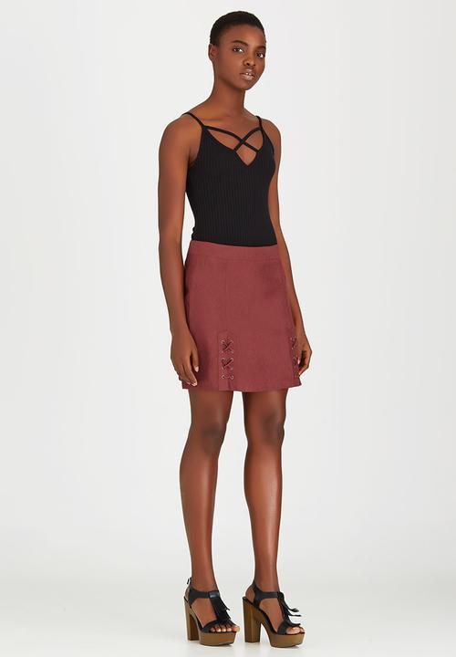 Brave Soul - Side Tie Detail Suede-like Skirt Dark Red
