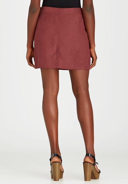 Brave Soul - Side Tie Detail Suede-like Skirt Dark Red