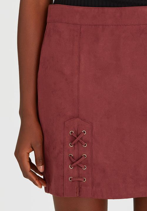 Brave Soul - Side Tie Detail Suede-like Skirt Dark Red