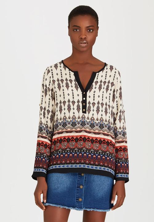 Brave Soul - Border Print Button Blouse Cream