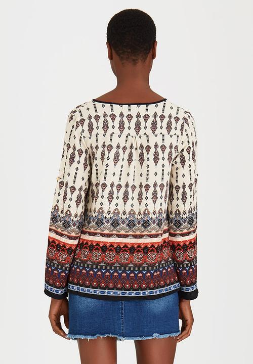 Brave Soul - Border Print Button Blouse Cream