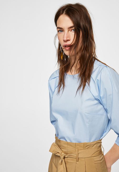 MANGO - Pleat Detail Blouse Pale Blue