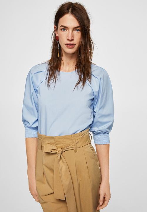 MANGO - Pleat Detail Blouse Pale Blue