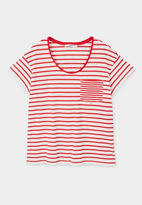MANGO - Chest-pocket Striped T-shirt Red