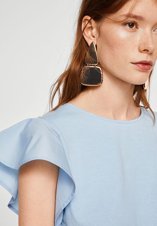 MANGO - Ruffled Sleeve T-shirt Pale Blue