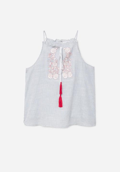 MANGO - Embroidered Striped Top Blue