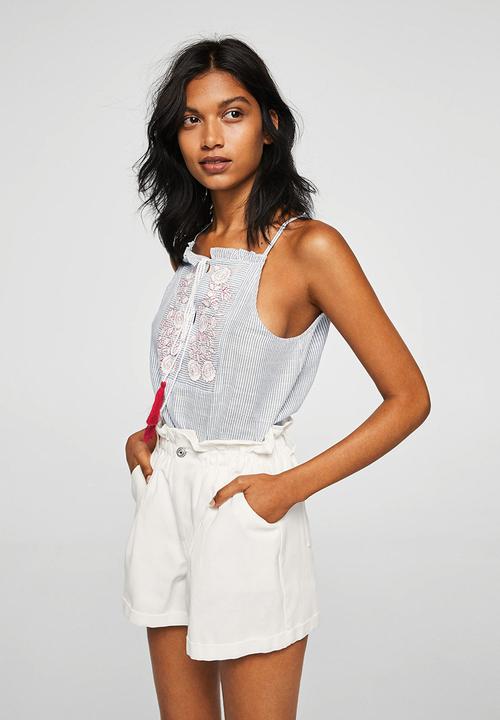 MANGO - Embroidered Striped Top Blue