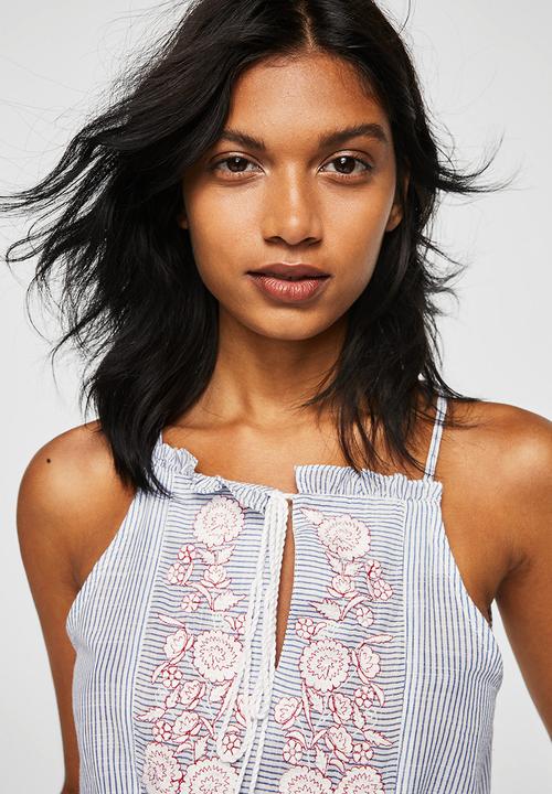 MANGO - Embroidered Striped Top Blue