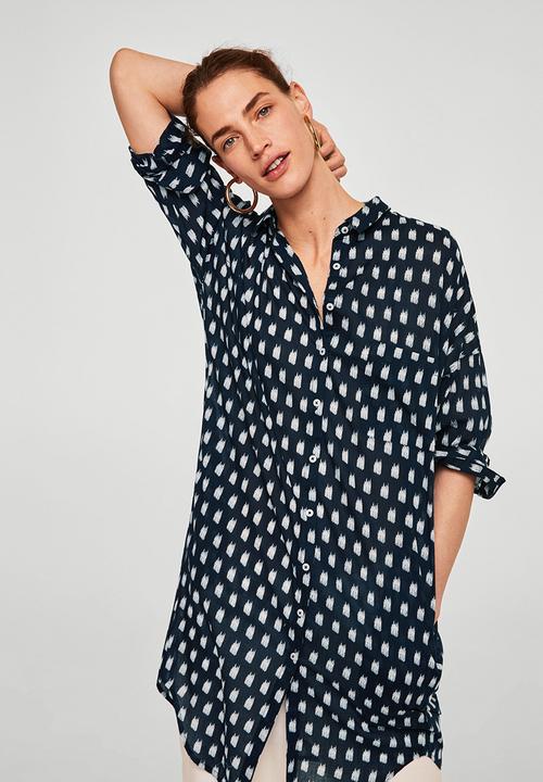 MANGO - All-over print longer length shirt - navy & white