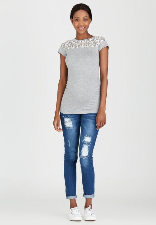 edit Maternity - Lace Inset Stripe T-shirt Grey Melange