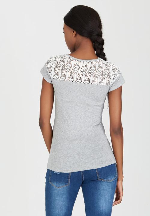 edit Maternity - Lace Inset Stripe T-shirt Grey Melange