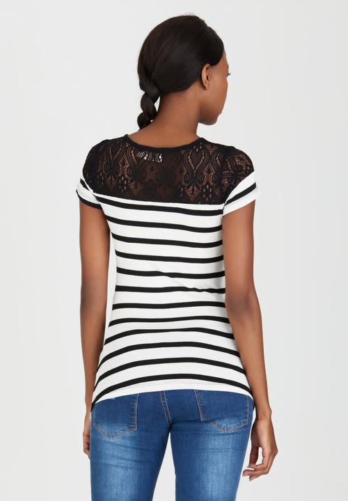 edit Maternity - Lace Inset Stripe T-shirt Black and White