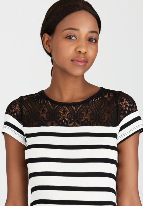 edit Maternity - Lace Inset Stripe T-shirt Black and White