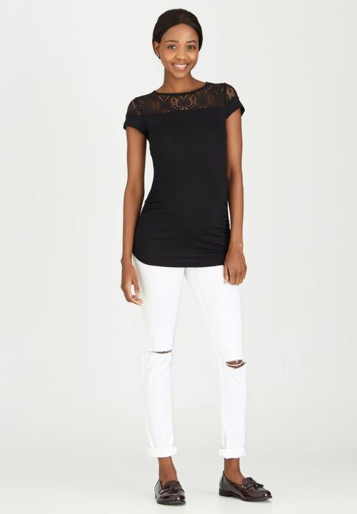 edit Maternity - Lace Inset Stripe T-shirt Black