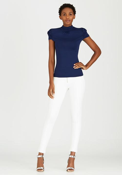 edit - Turtleneck Top with Gauged-sleeve Detail Navy