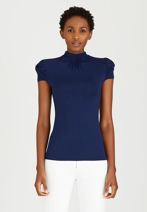 edit - Turtleneck Top with Gauged-sleeve Detail Navy