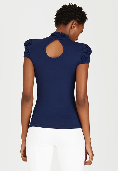 edit - Turtleneck Top with Gauged-sleeve Detail Navy