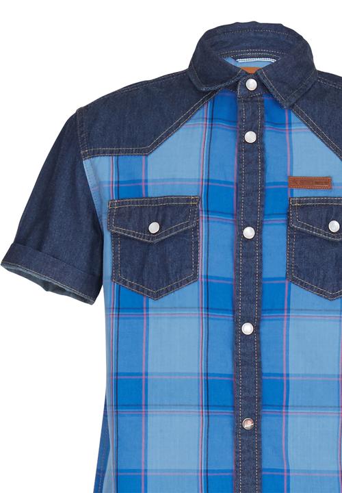 SOVIET - Denim Shirt With Check Print Blue