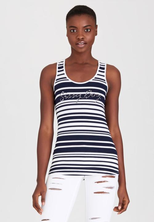 SISSY BOY - Natalina Stripe Vest with Crochet Motif Blue and White