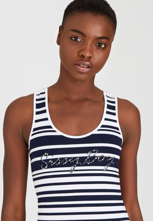SISSY BOY - Natalina Stripe Vest with Crochet Motif Blue and White