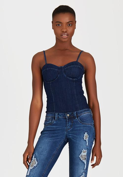 SISSY BOY - Xia Denim Bodysuit Dark Blue