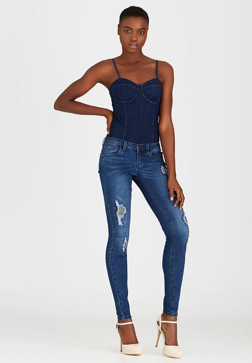 SISSY BOY - Xia Denim Bodysuit Dark Blue