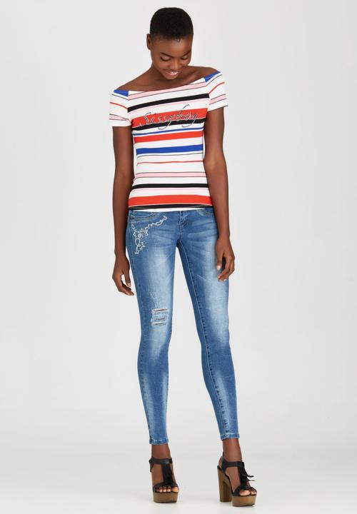 SISSY BOY - Kacey-Leigh Striped Off-the-shoulder Tee Blue and White
