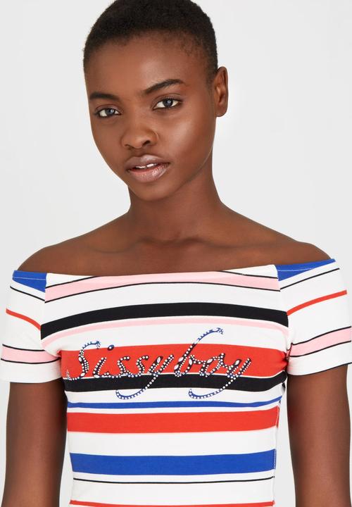 SISSY BOY - Kacey-Leigh Striped Off-the-shoulder Tee Blue and White