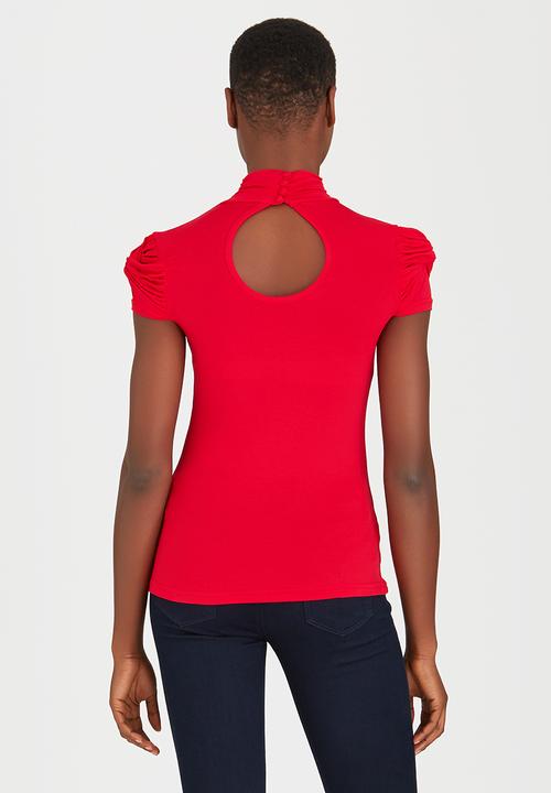 edit - Turtleneck Top with Gauged-sleeve Detail Red