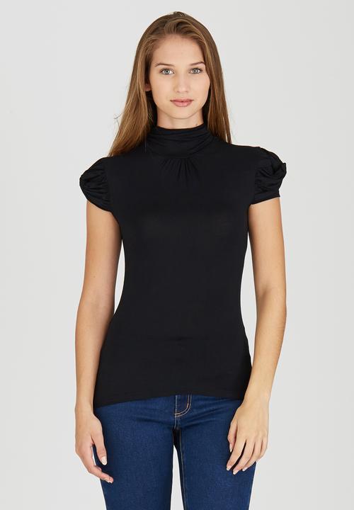 edit - Turtleneck Top with Gauged-sleeve Detail Black