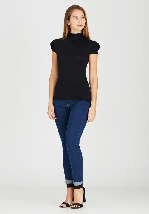 edit - Turtleneck Top with Gauged-sleeve Detail Black