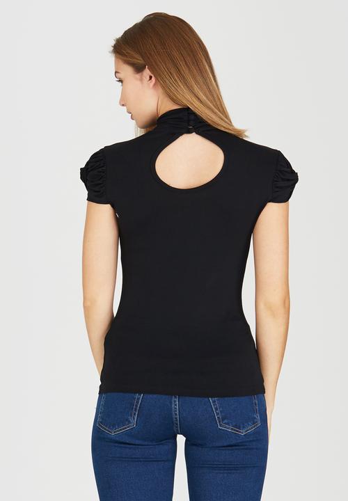 edit - Turtleneck Top with Gauged-sleeve Detail Black