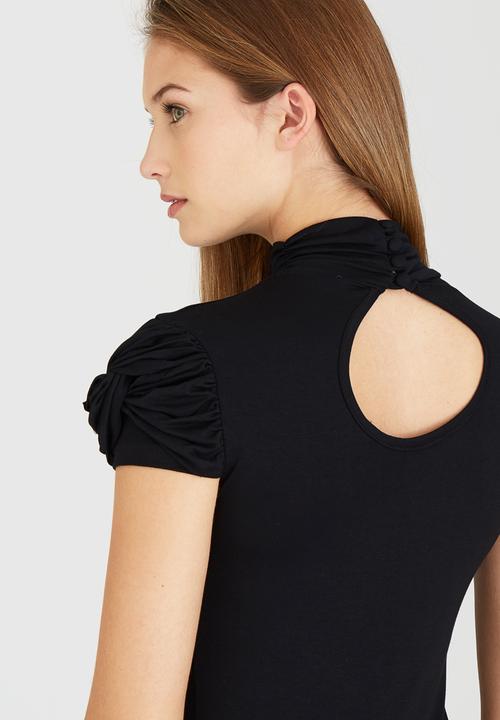 edit - Turtleneck Top with Gauged-sleeve Detail Black