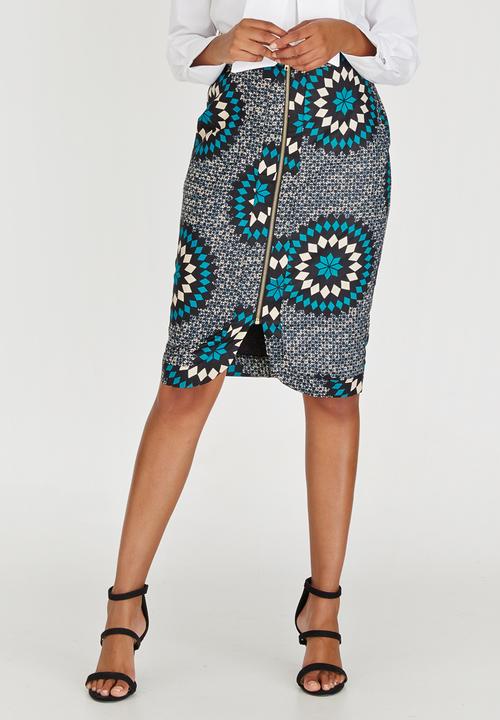 AfroDizzy - Sunburst Printed Pencil Skirt Dark Blue