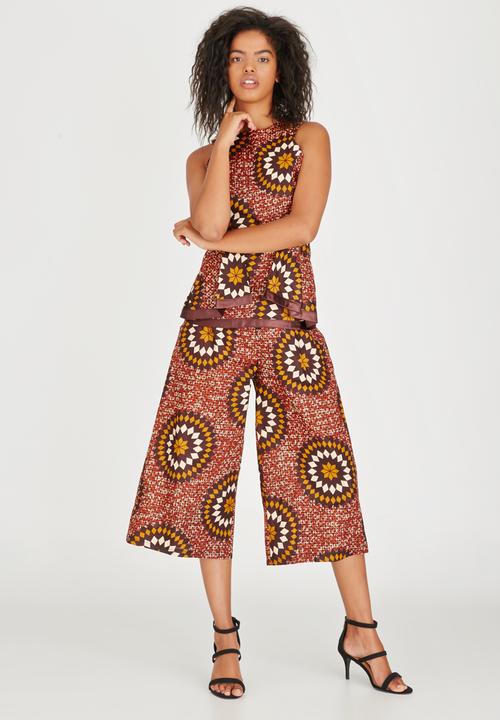 AfroDizzy - Sunburst Printed Peplum Top Mid Brown