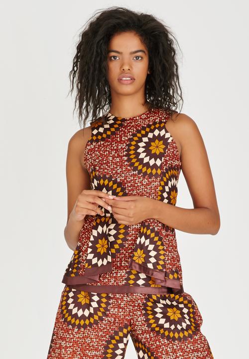AfroDizzy - Sunburst Printed Peplum Top Mid Brown