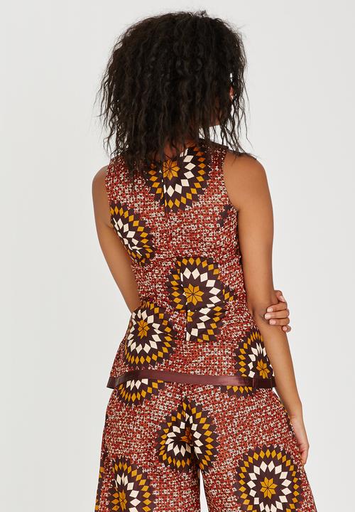 AfroDizzy - Sunburst Printed Peplum Top Mid Brown