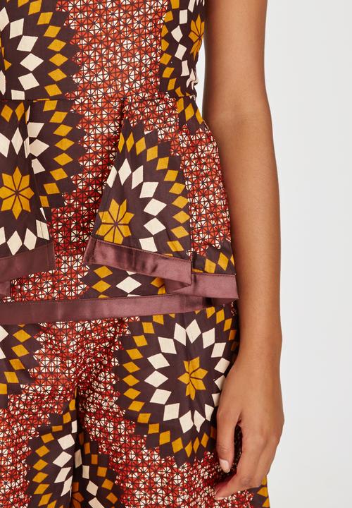 AfroDizzy - Sunburst Printed Peplum Top Mid Brown