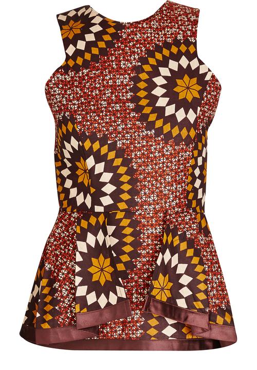 AfroDizzy - Sunburst Printed Peplum Top Mid Brown