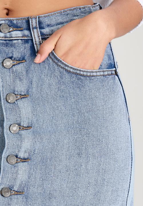 BoohooDNU - Button Through Denim Skirt Pale Blue