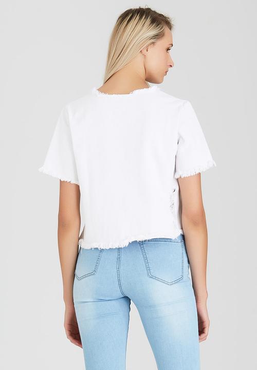 BoohooDNU - Denim Frayed Hems Top White