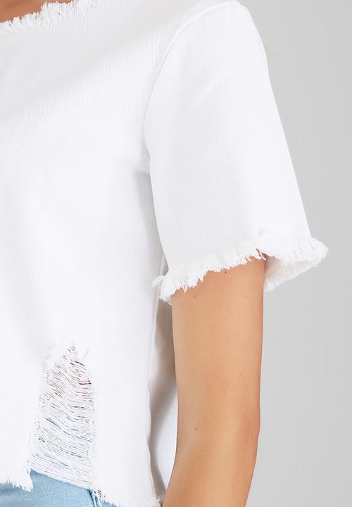 BoohooDNU - Denim Frayed Hems Top White
