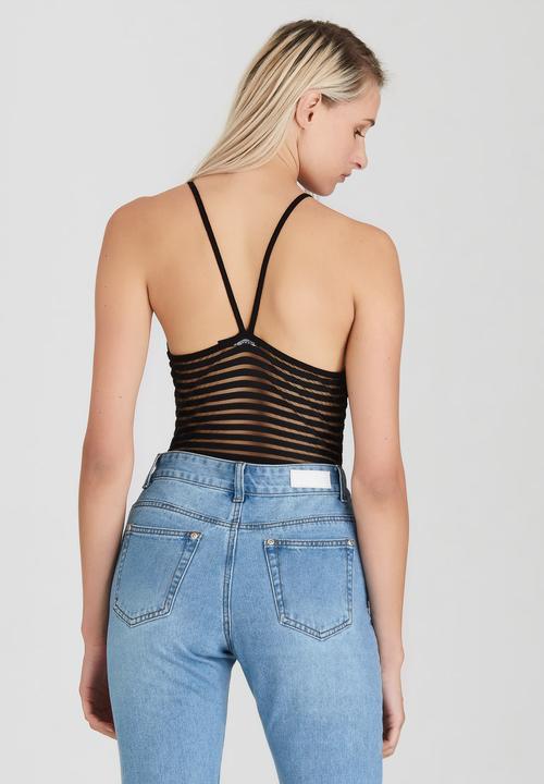 BoohooDNU - Petite Stripe Mesh Bodysuit Black