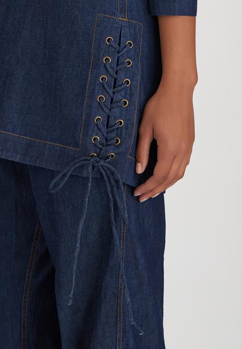 HABITS - Denim Off-the-shoulder Top Dark Blue