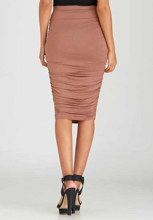 BoohooDNU - Side Ruched Midi Skirt Mid Brown